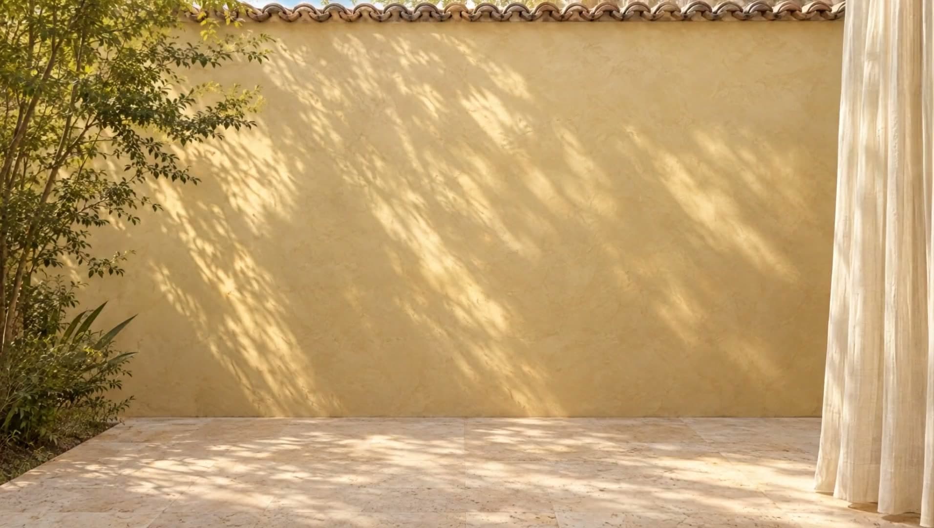 Patio interior con muros de cal apagada y suelo de travertino bajo luz de tarde.