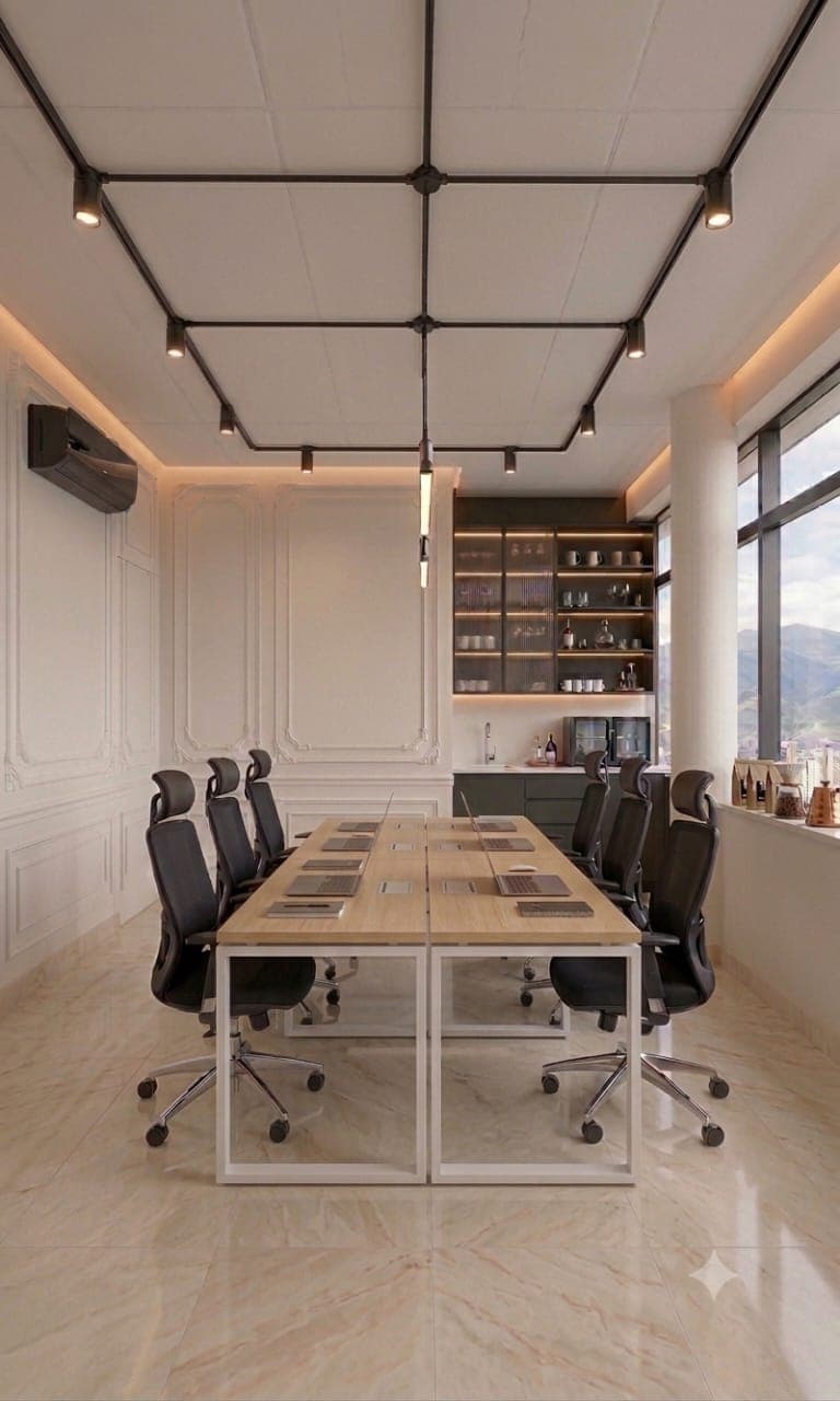 Sala de juntas con mesa larga de madera clara, sillas negras, retícula de luminarias lineales en el techo y suelo brillante.